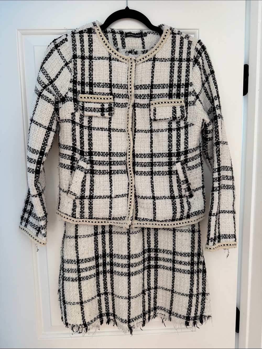 Classic Black & White Plaid Tweed Jacket